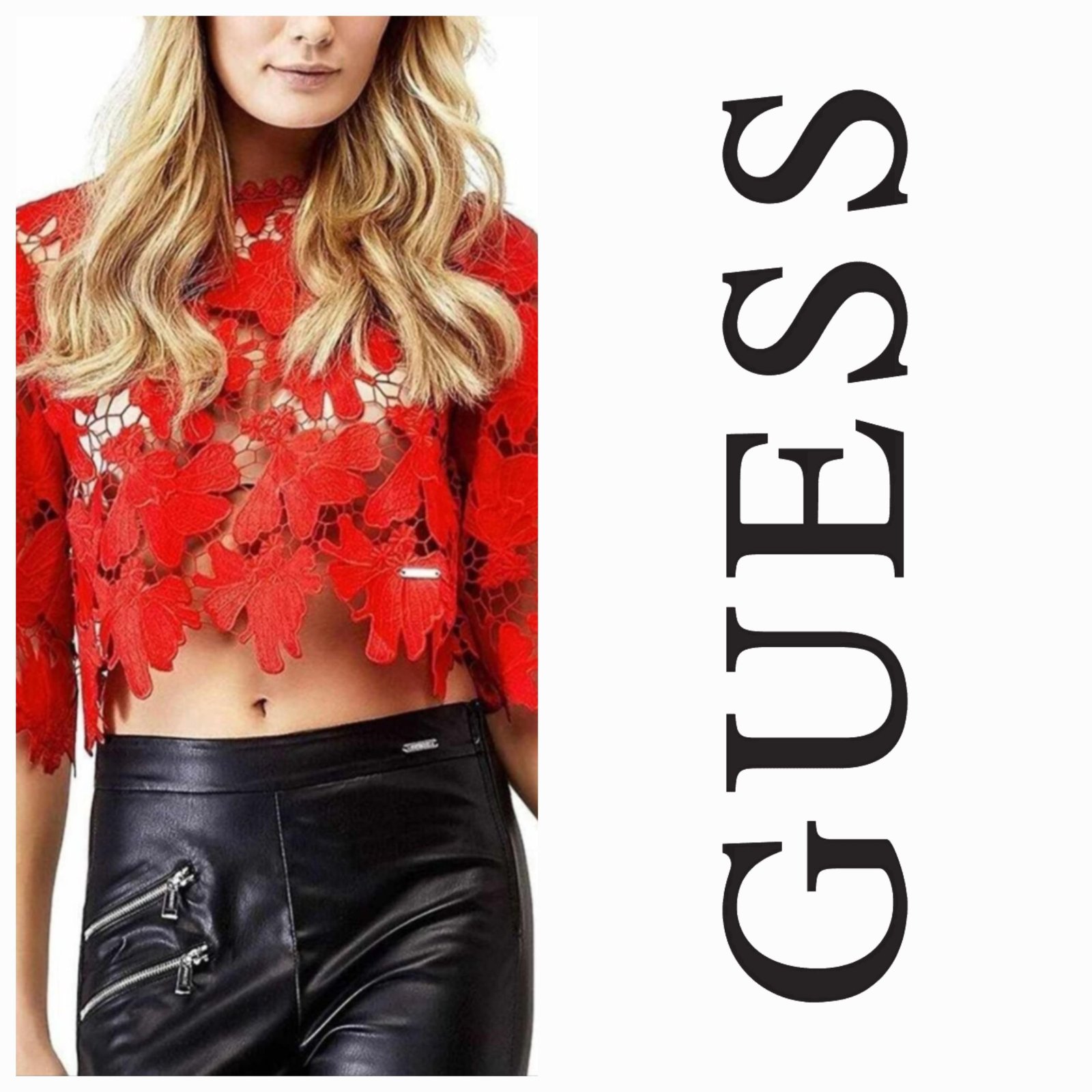 Haut rouge de la marque Guess présente un motif floral complexe en dentelle ajourée.