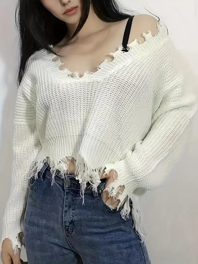 Pull en tricot blanc à col en V décontracté avec des finitions déchirées ylbess M/L