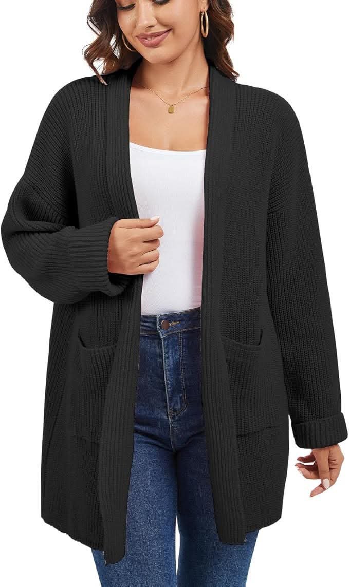 Cardigan long en tricot noir avec capuche pour femme tlabess L/XL