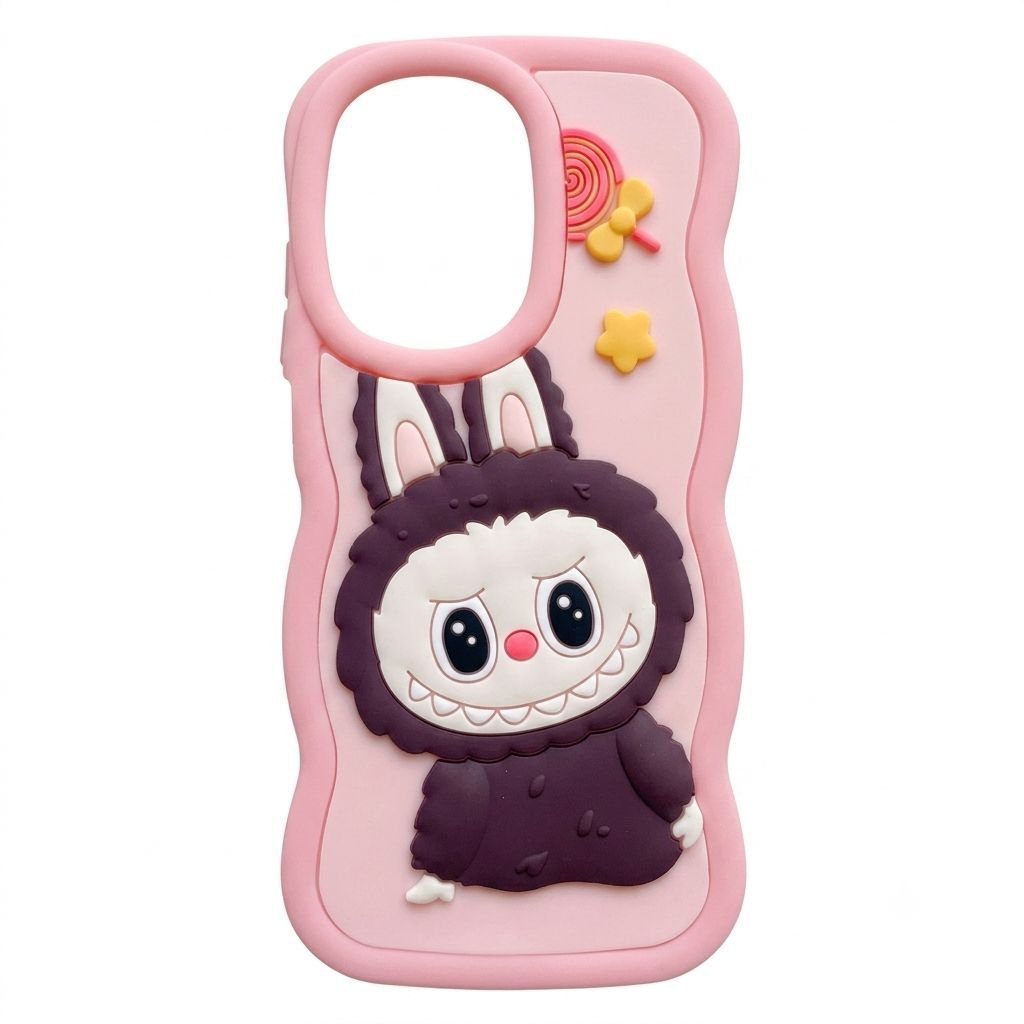 Coque de téléphone rose présente un motif en relief du personnage Labubu.sumA17 