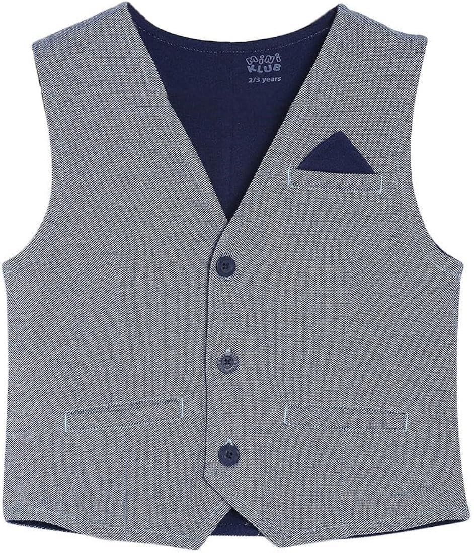 Un gilet pour enfant de couleur bleue avec un motif géométrique, idéal pour compléter une tenue habillée.