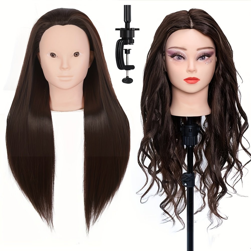  têtes de mannequin de coiffure marron avec différents styles, incluant les outils de support