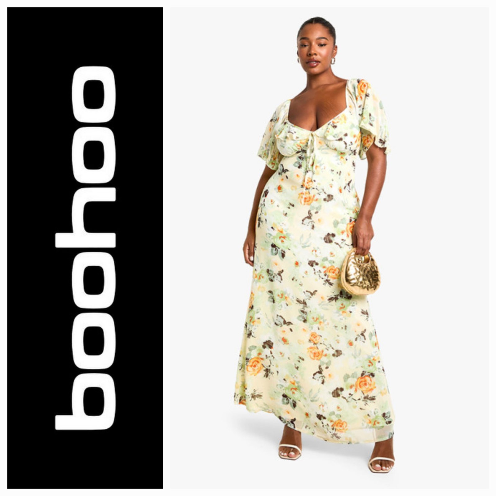 Robe maxi fleurie en mousseline provient de la marque Boohoo et se distingue par son imprimé floral jaune orangé et vert, ses manches courtes fluides et ses détails délicats de volants au niveau du décolleté en cœur