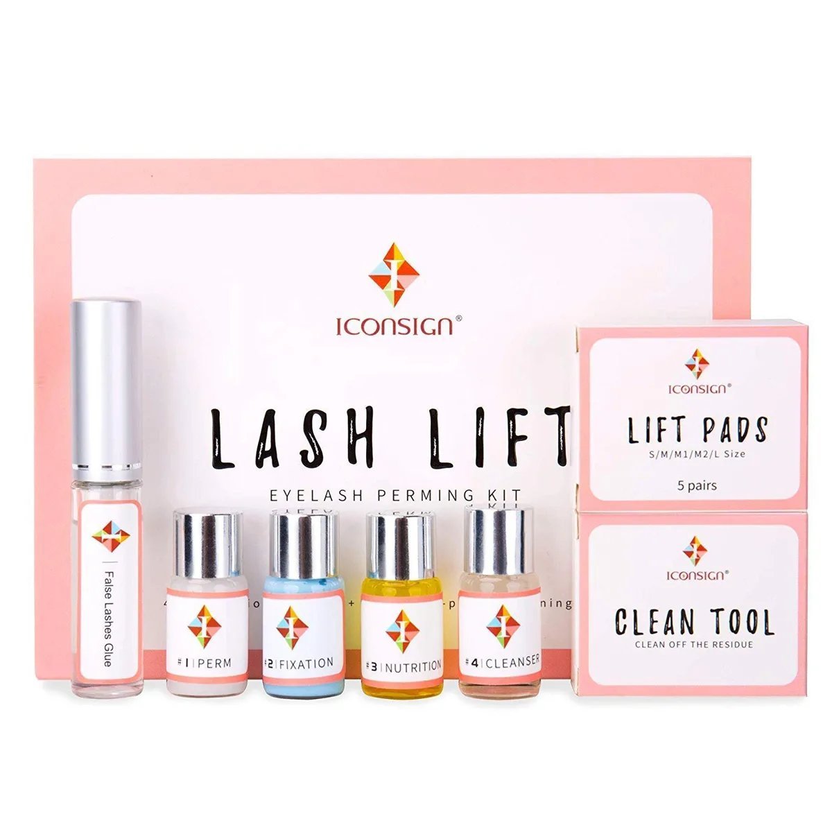 Kit de rehaussement de cils (Lash Lift) de la marque Iconsign, présenté dans un étui blanc et rose.