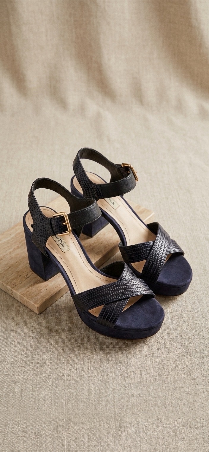 Sandales à talons Massimo Dutti en daim et cuir effet lézard (Bleu marine)