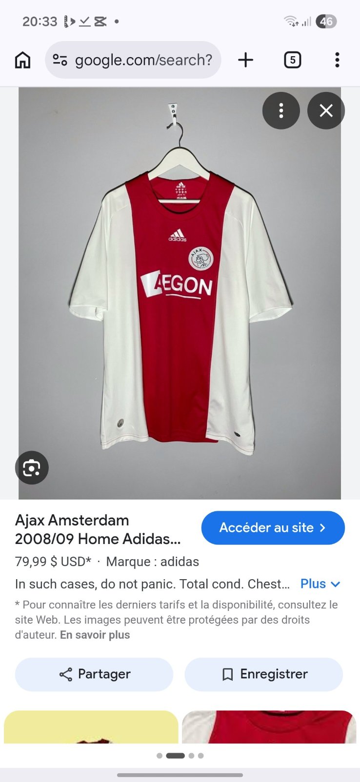 Jersey ajax 2008 état comme neuf orijinal 