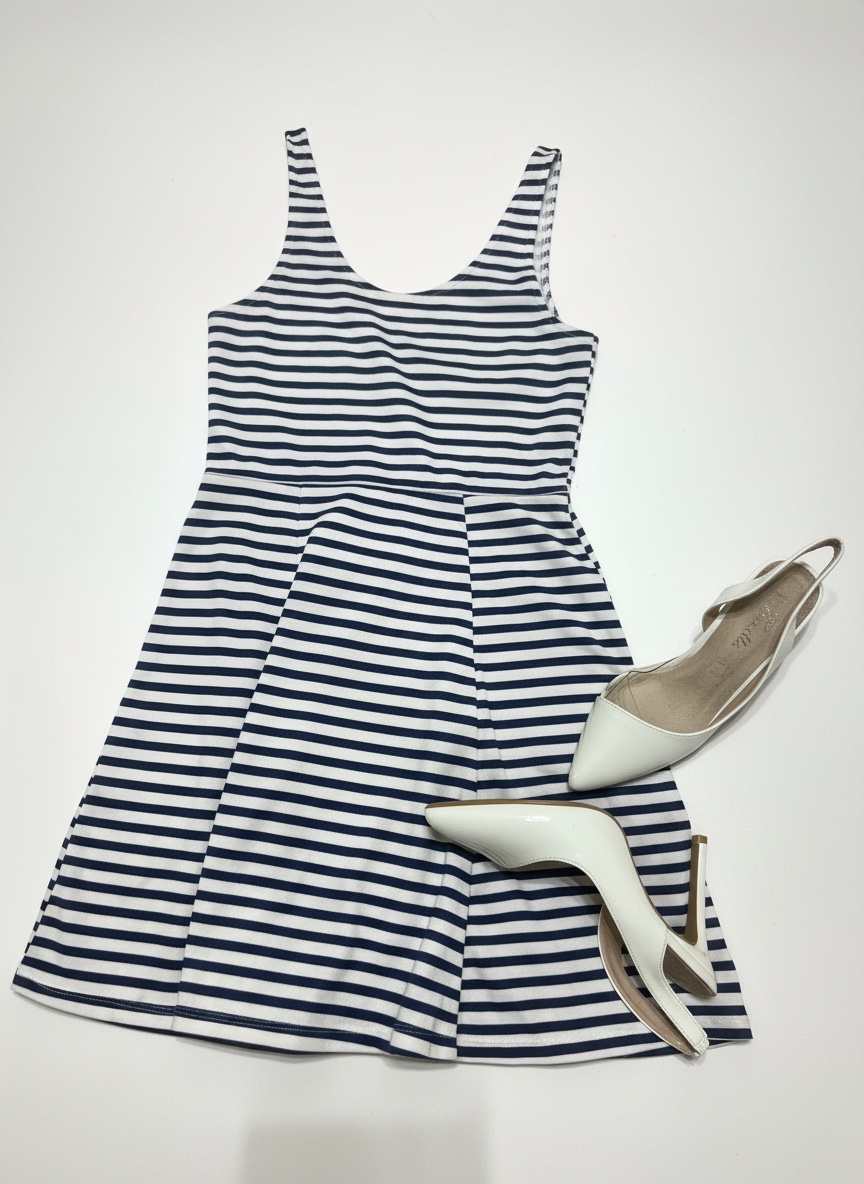 Robe courte sans manches rayee blanc et bleu marine 