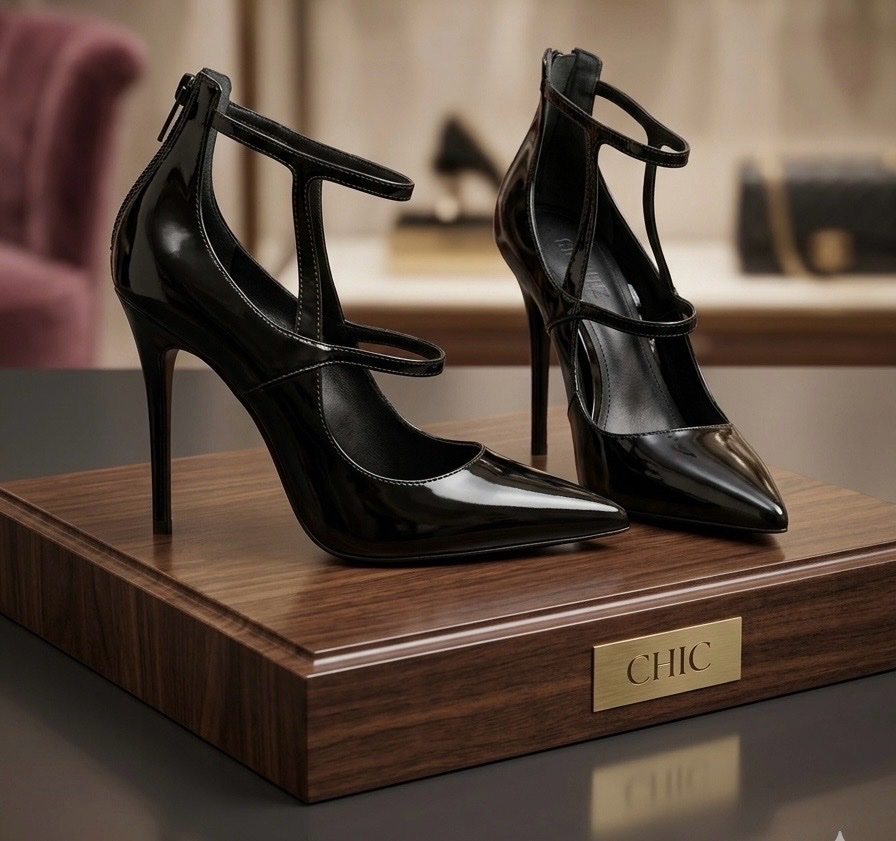 🖤 Escarpins à Brides Multiples en Cuir Verni Noir – Style Pointu & Glamour