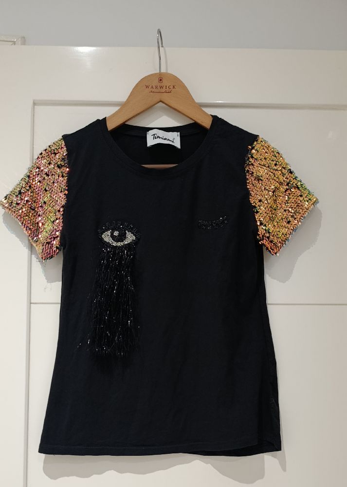 Jolie teeshirt noir à manches sequins et œil motif
