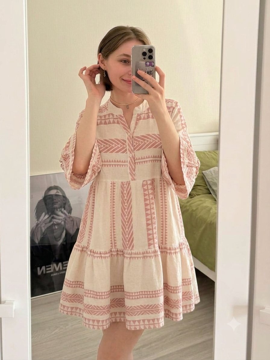 ​Robe Tunique Bohème Étagée "Made in Italy" – Imprimé Géométrique Rose & Blanc Cassé