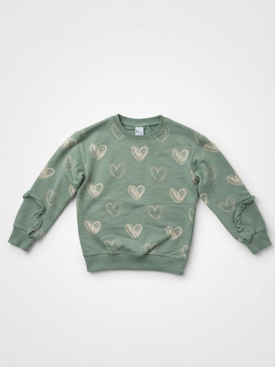 Sweat fille col rond, vert sauge, imprimé cœurs beige sur l'ensemble du devant et des manches.
