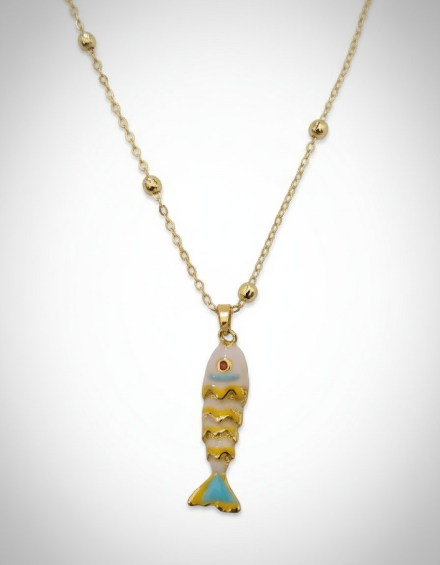 Collier inoxydable dorée motif poisson multicolore 