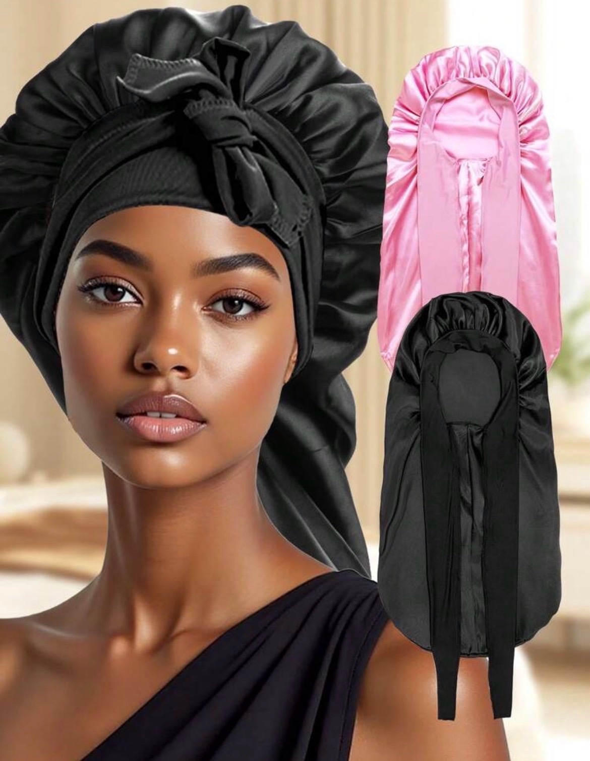 Bonnet satin de nuit noir longue 