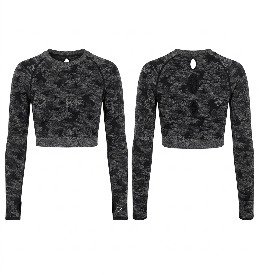 Gymshark Adapt Camo Seamless Long Sleeve Crop Top - Black/Grey
