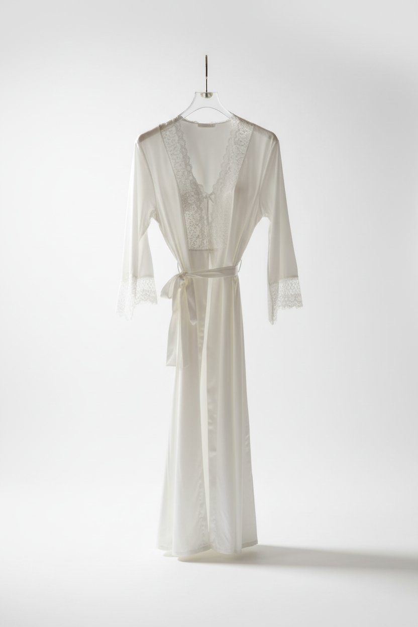  peignoir blanc en satin avec bordure est un modèle similaire au déshabillé long . 