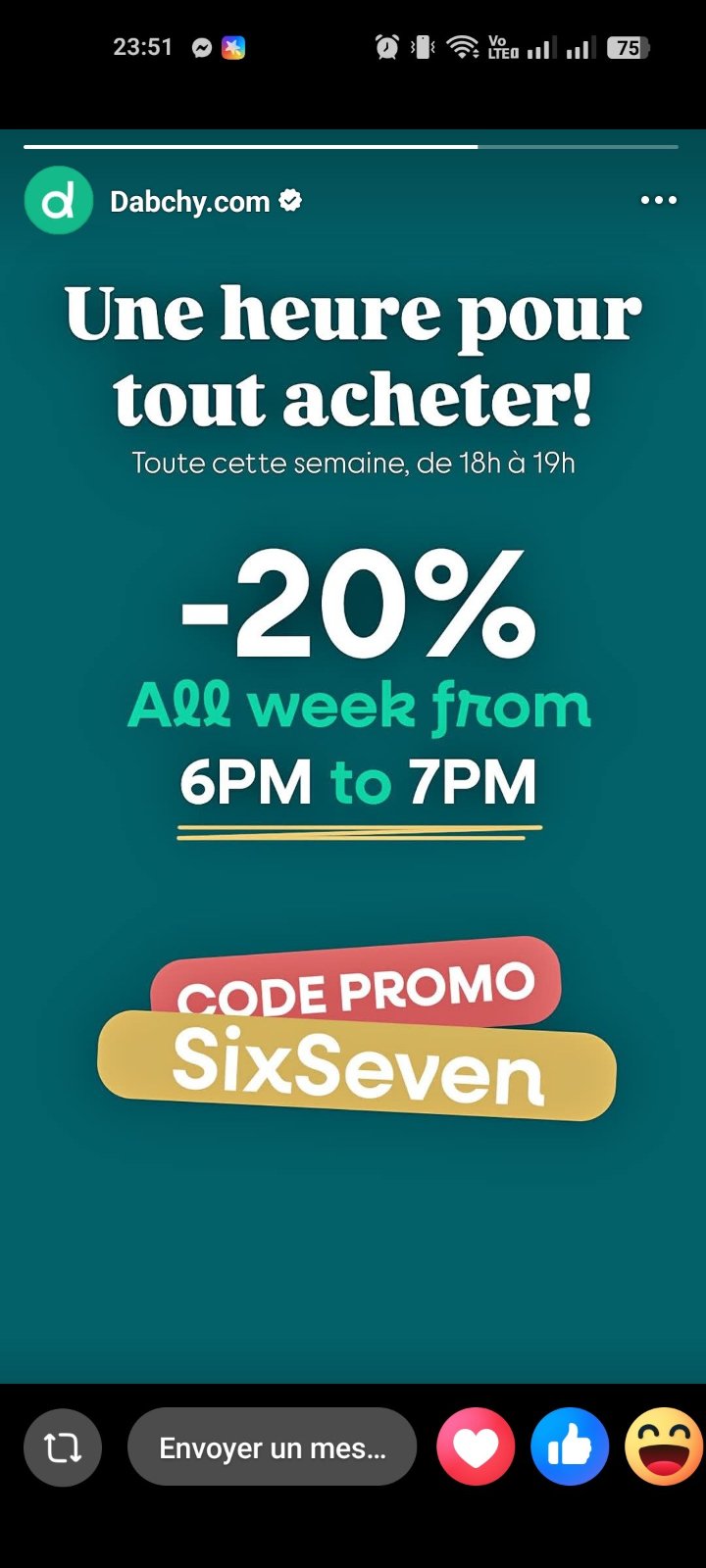 Code promo une semaine 1h  18--19h 