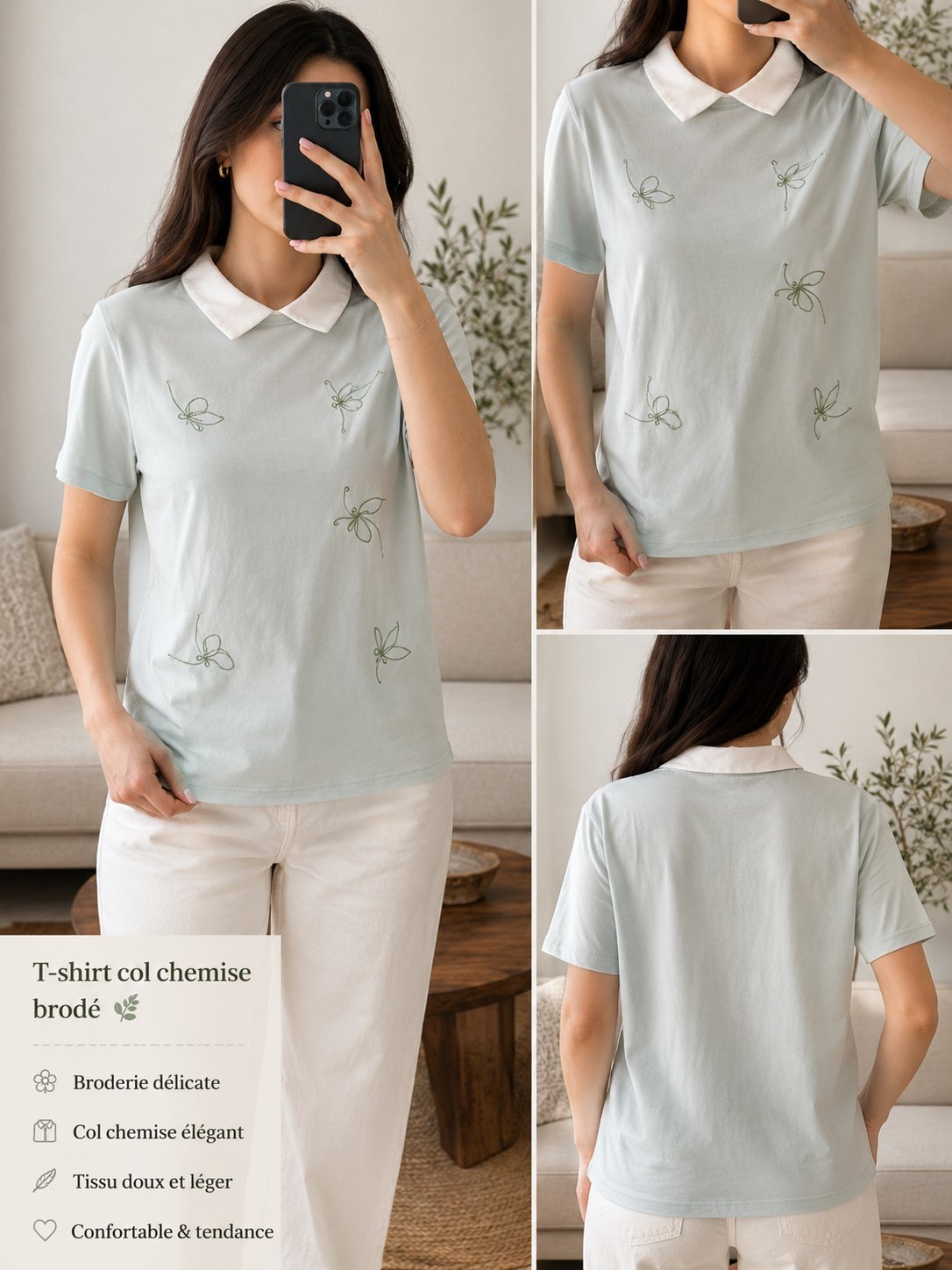 T-shirt ZEN vert d'eau à col blanc – Broderies papillons