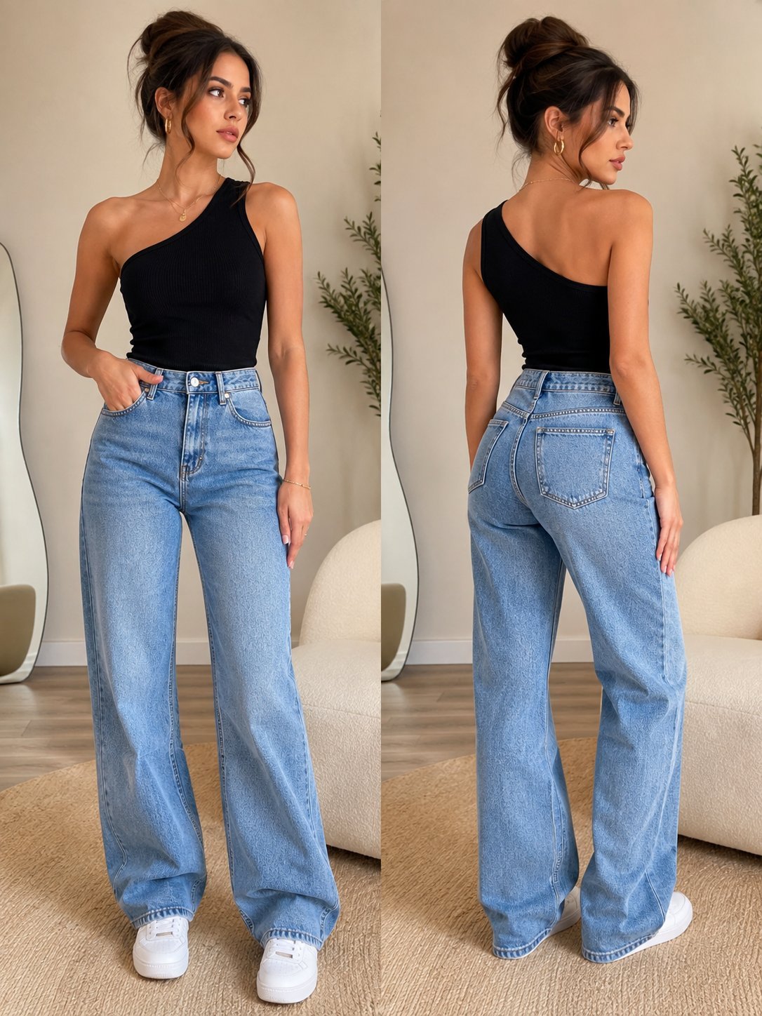 H&M – Top noir asymétrique côtelé One Shoulder
