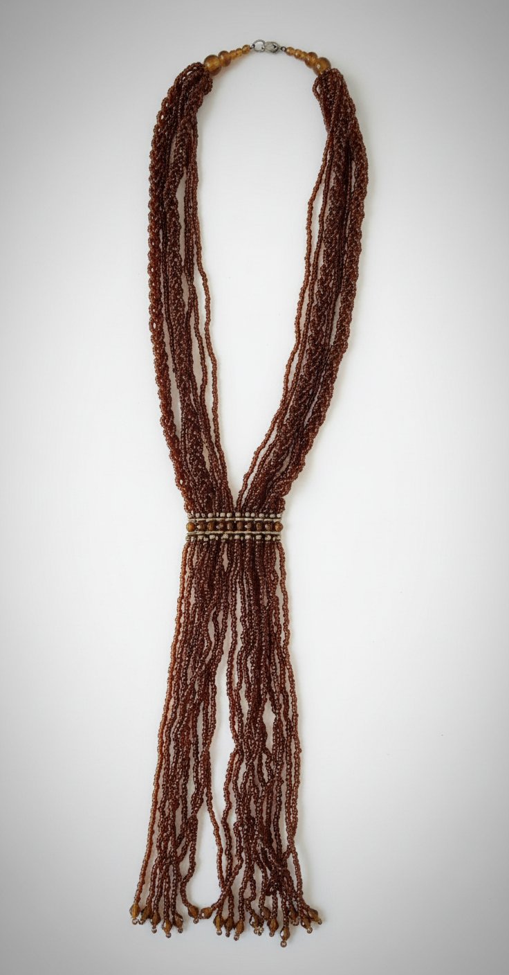 Ce collier est un sautoir vintage à plusieurs rangs composé de petites perles de rocaille marron.