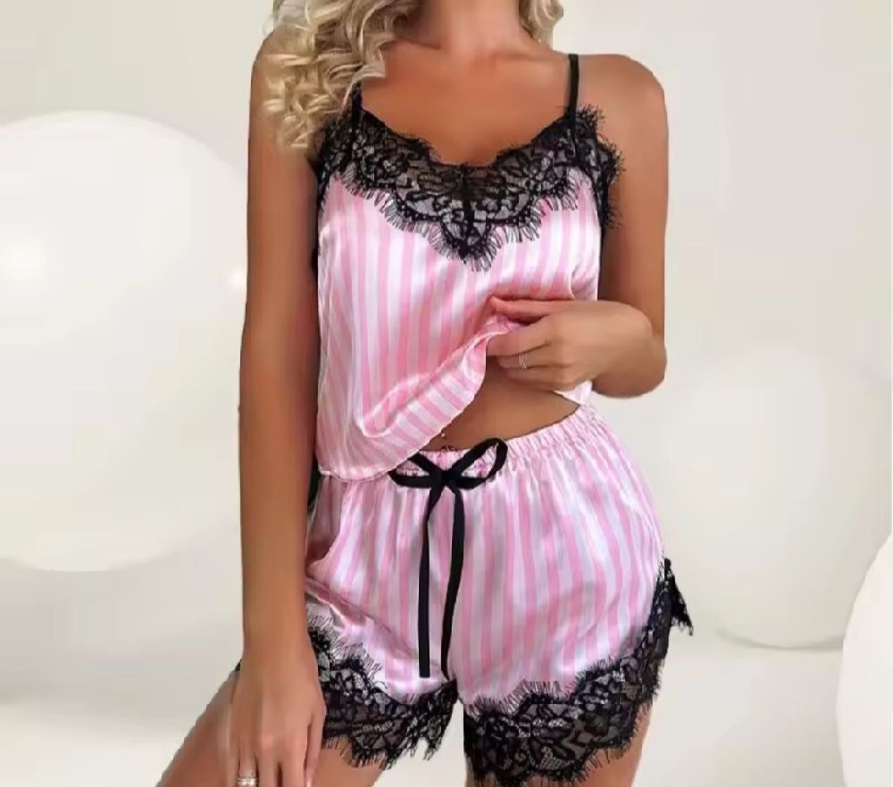 Pyjama Satiné Rayé Rose Shein
