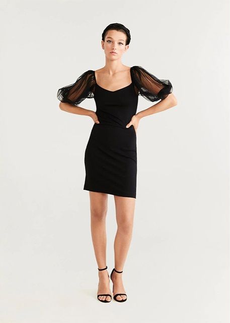 Mango Black Dress Puff Sleeves Organza
