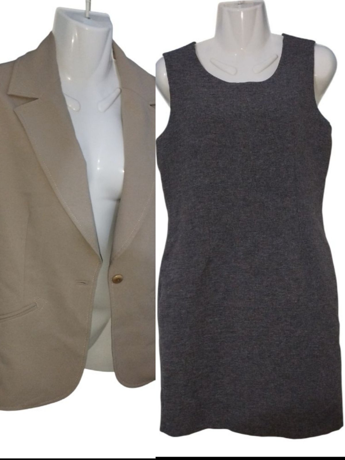 Une robe grise sans manches de la marque MSK et une veste beige