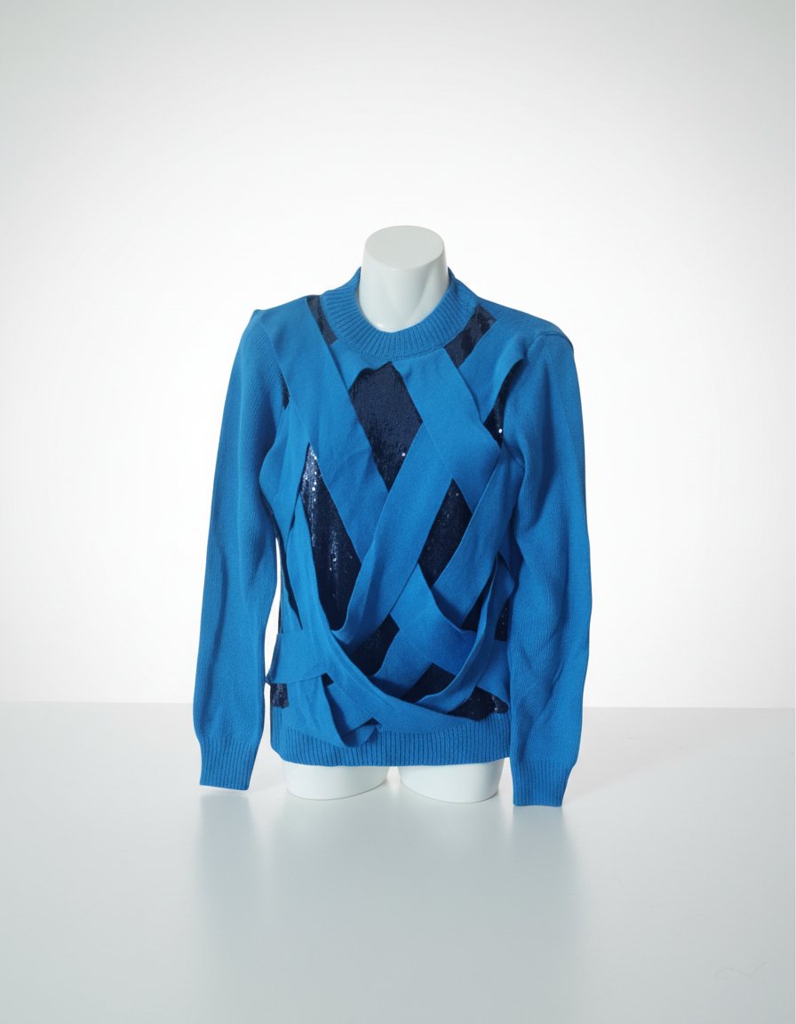 Pull bleu arborant un design unique avec des bandes croisées sur le devant et des détails en paillettes jamais porté 