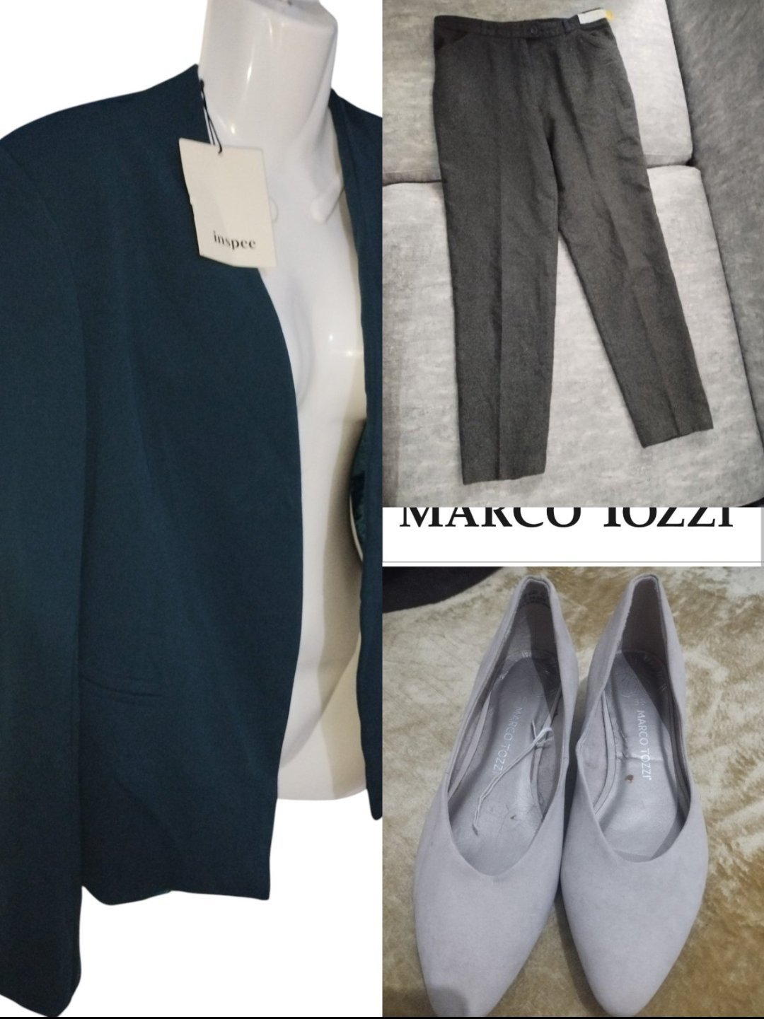 Lot pantalon en pure laine vierge en gris coupe droite avec poches ,blazer en bleu nuit ( les deux avec étiquette) et taille 42et ballerines pointure 38 Marco Tozzi portées une seule fois 