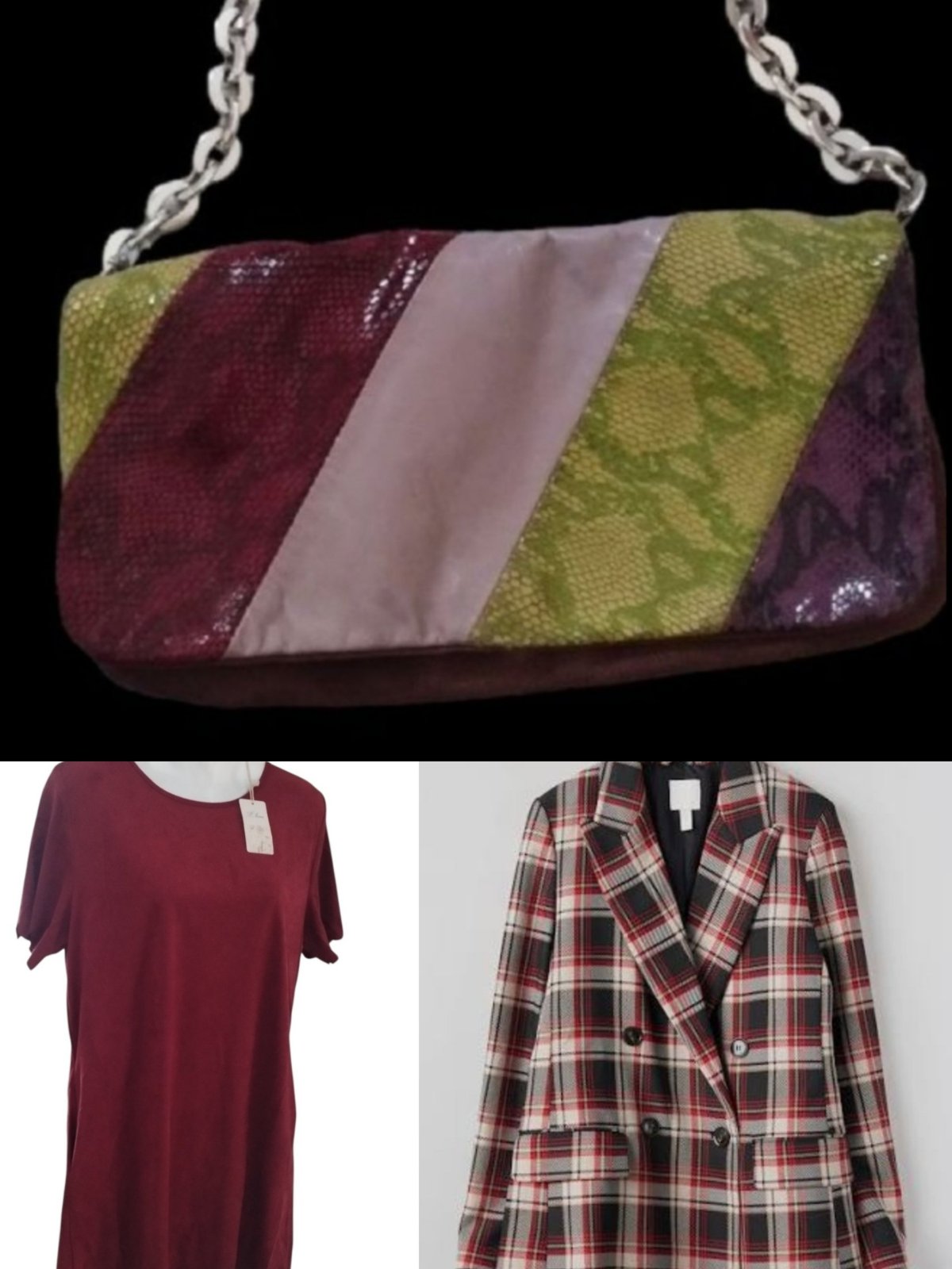 Lot de robe en daim avec poches avec étiquette , sac authentique Maxmara en vrai cuir  effet serpent et veste neuve H&M