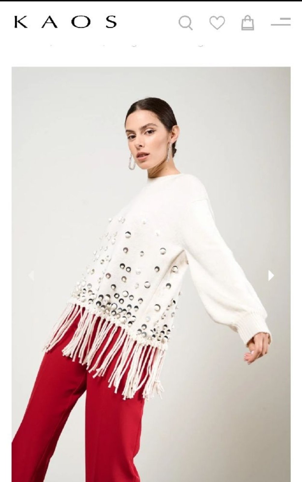 Pull en laine marque KAOS avec franges en bas des perles et sequins et manches bouffantes 