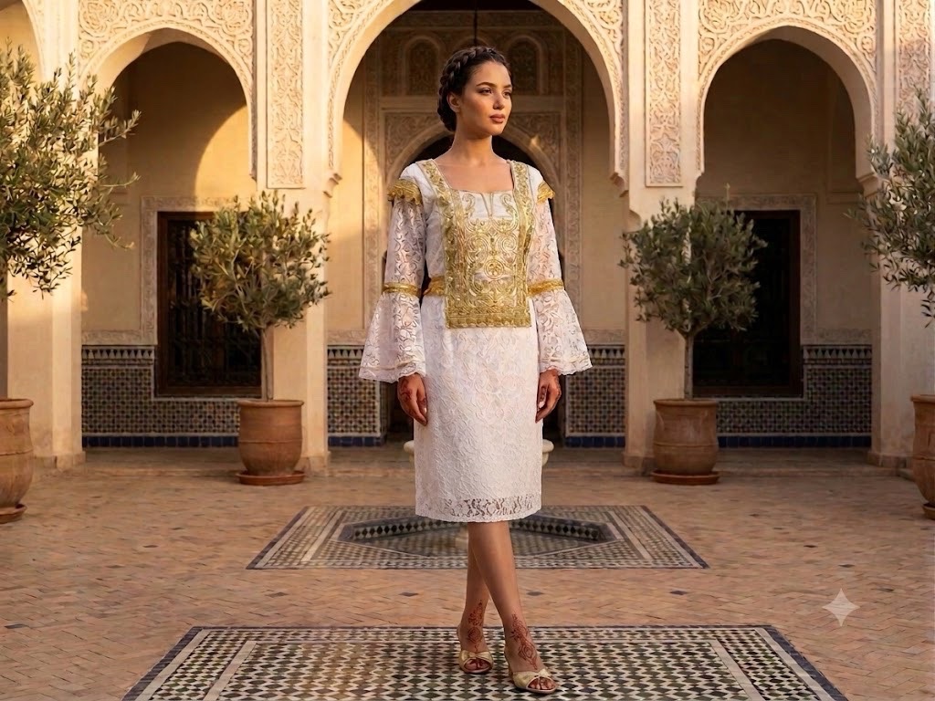Robe Traditionnelle Tunisienne en Dentelle et Broderie dorée