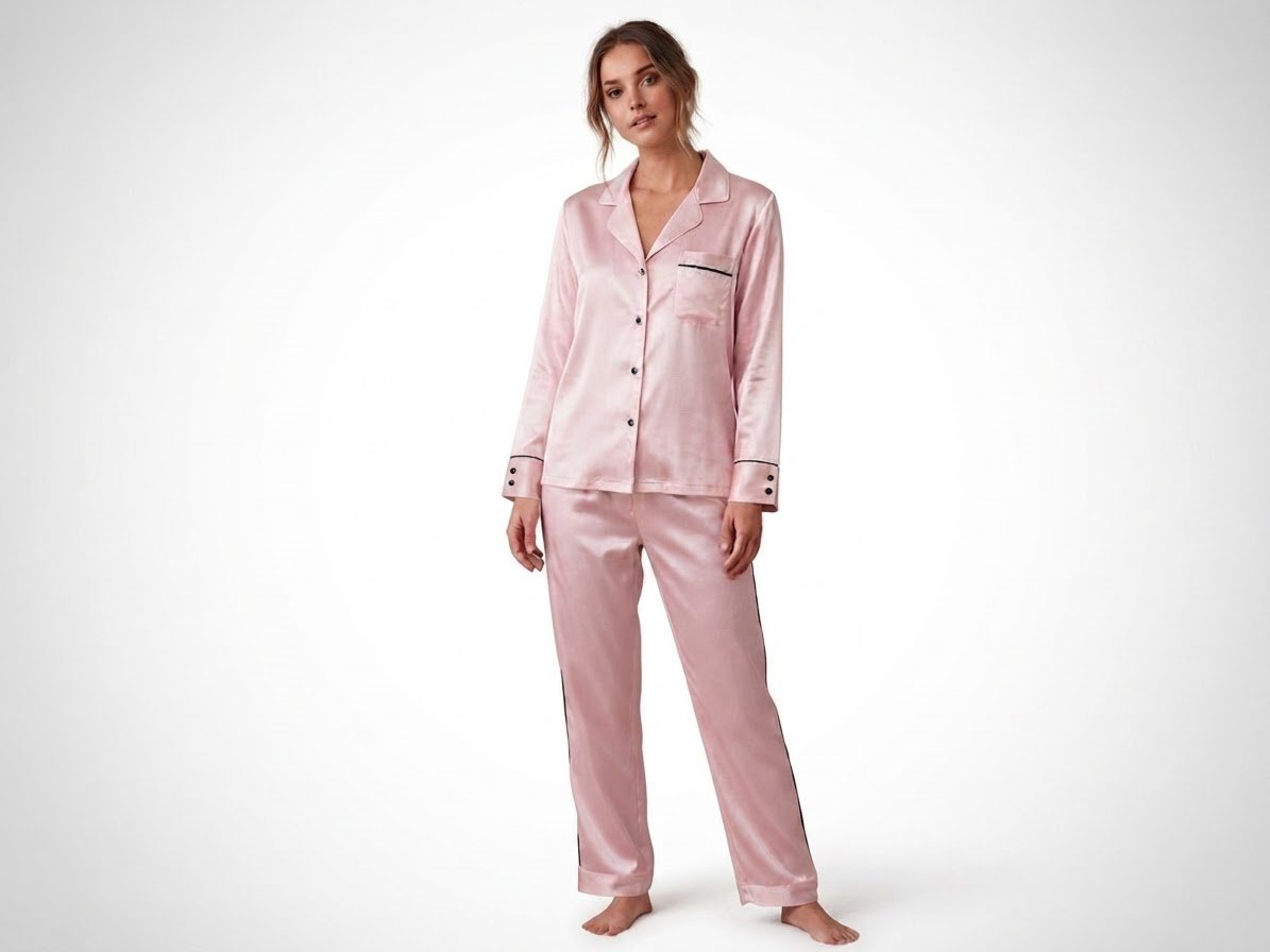 Pyjama 2 pièces en satin rose – Chemise et pantalon (Taille 36/38)