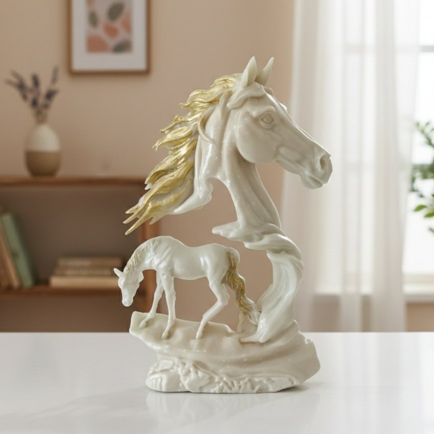 Statue de Cheval 《 Duo Élégance 》 en Résine-Blanc & Or- Fait Main