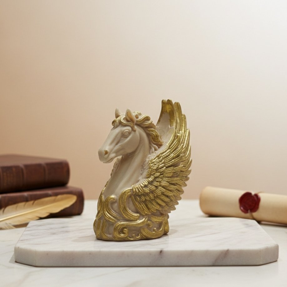 Statuette Cheval Ailé « Pégase » en Résine Dorée – Déco Luxe & Artisanale