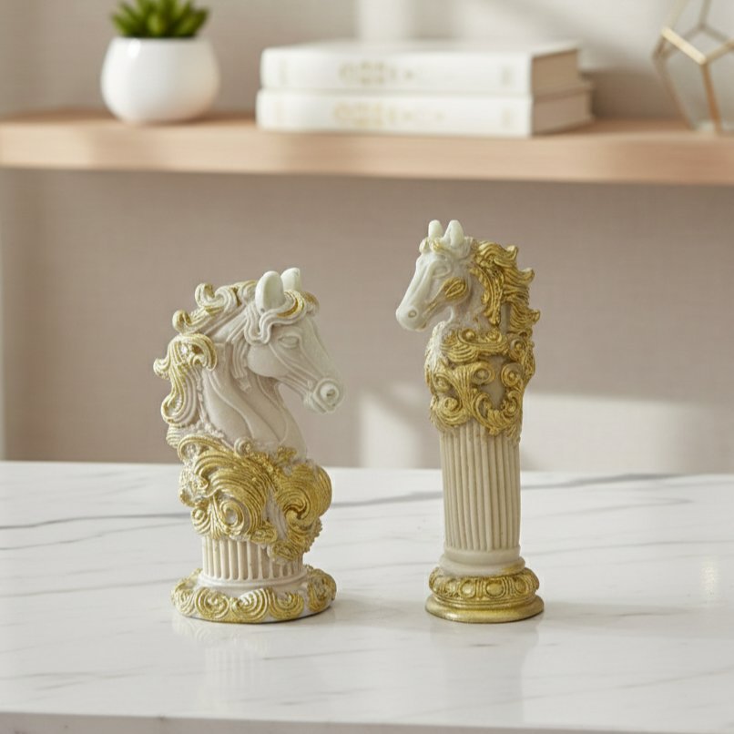 Duo de Statuettes Chevaux « Étalon Impérial » – Finition Dorée & Blanche