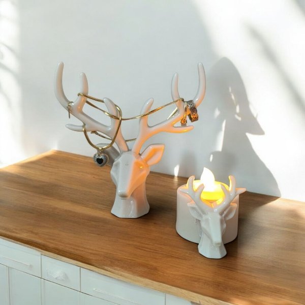 Duo de Têtes de Cerf – Porte-bijoux & Bougeoir décoratif -Blanc