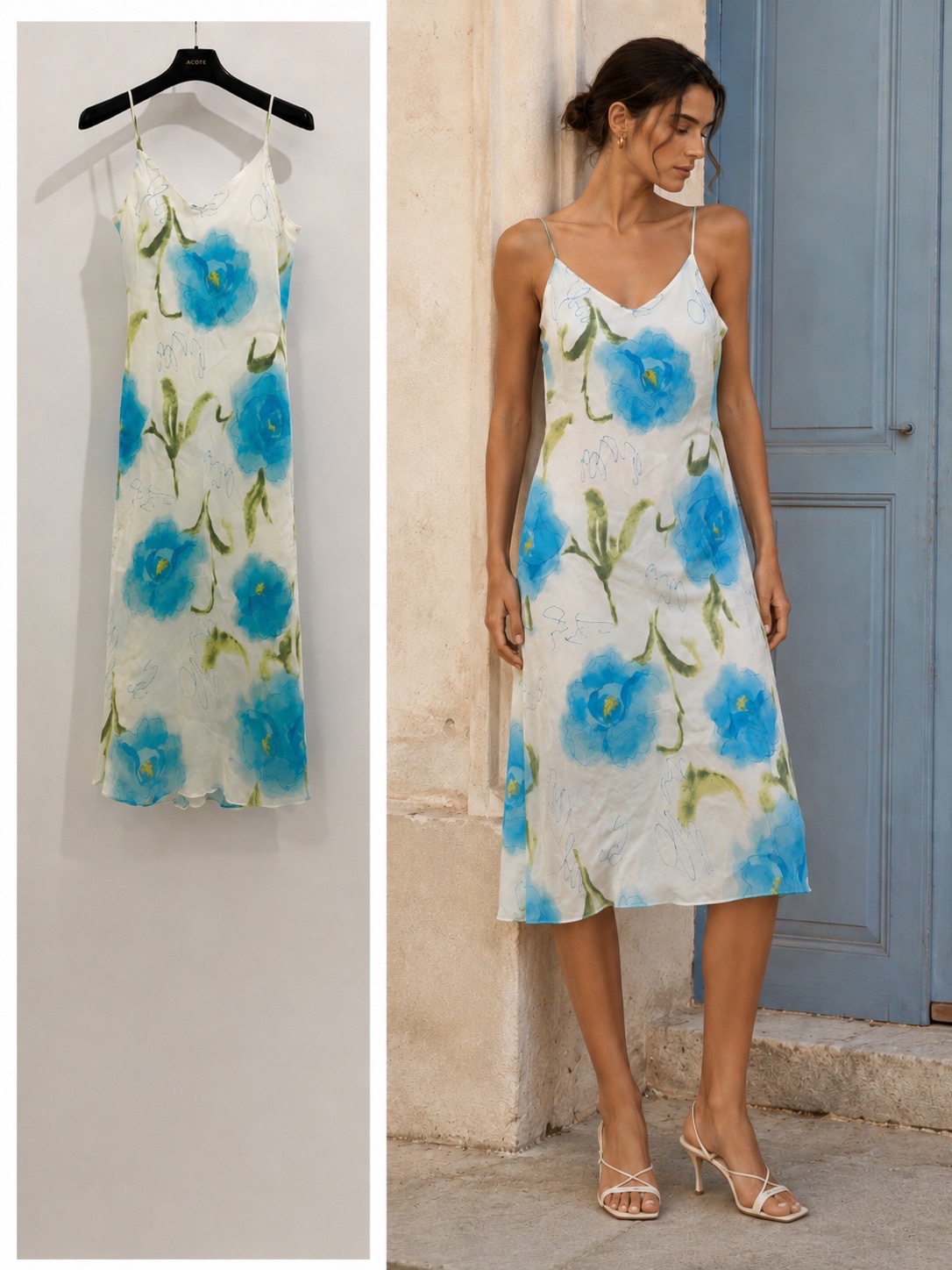 Robe midi à bretelles impeimé fleurs bleues