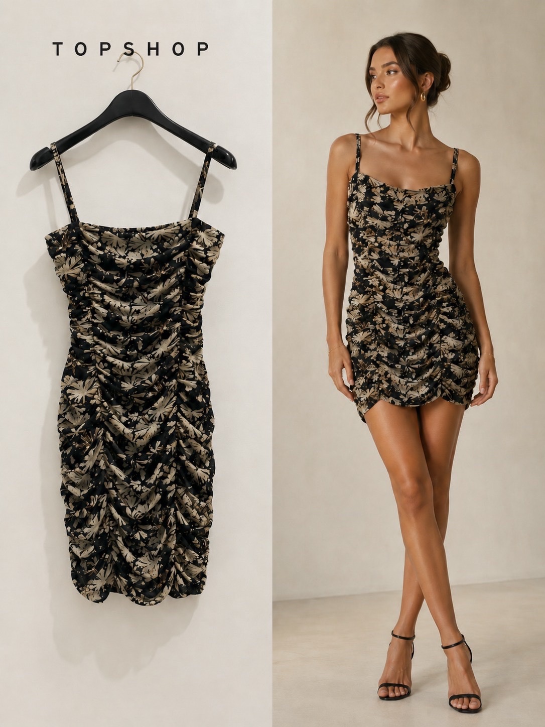Robe courte drapée à bretelles imprimé floral beige et noir
