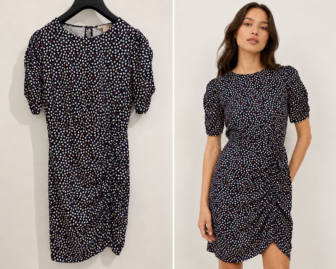 Robe courte feoncée à imprimés petits coeurs 