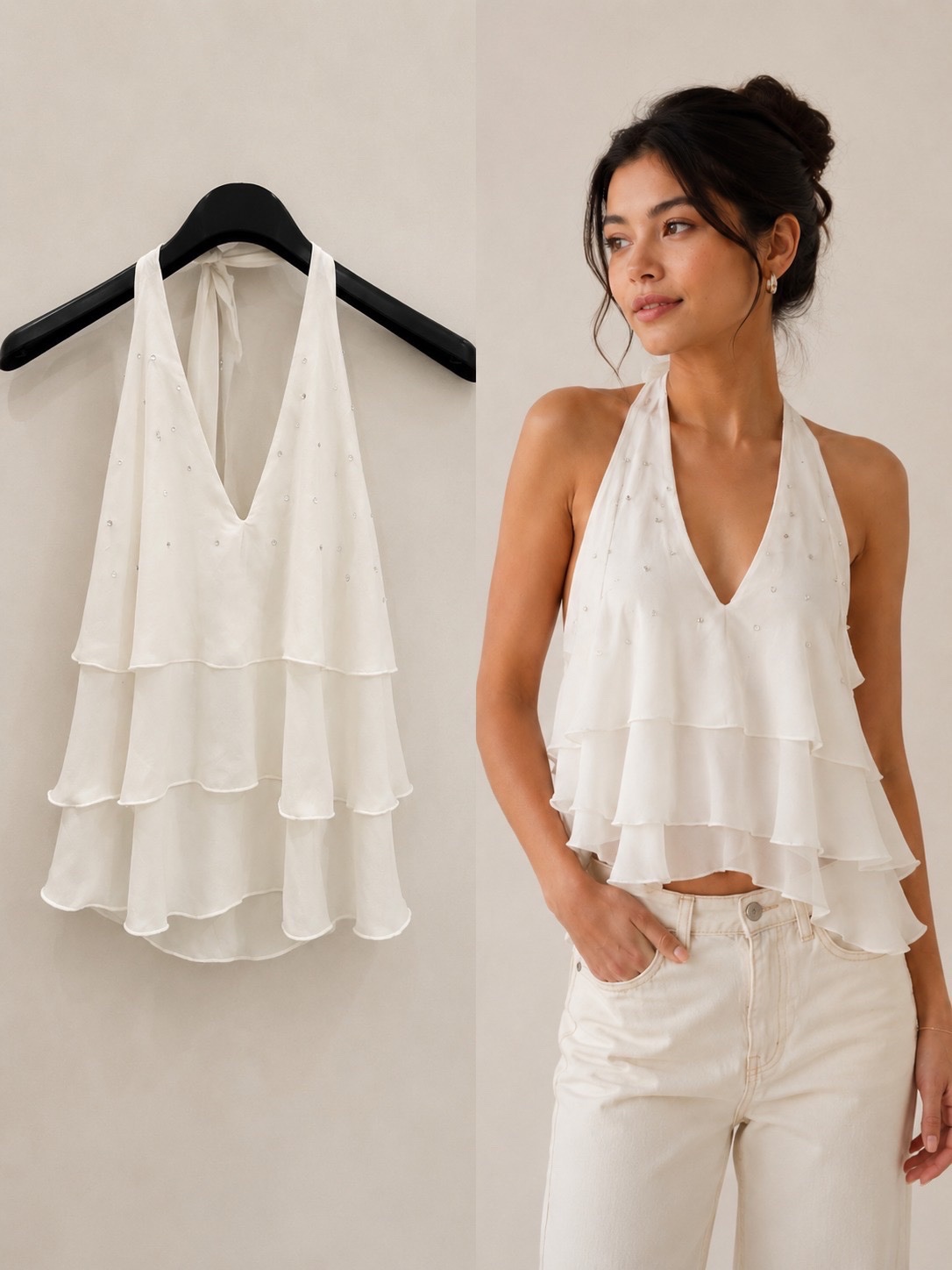 Top blanc dos nus à volants et strass