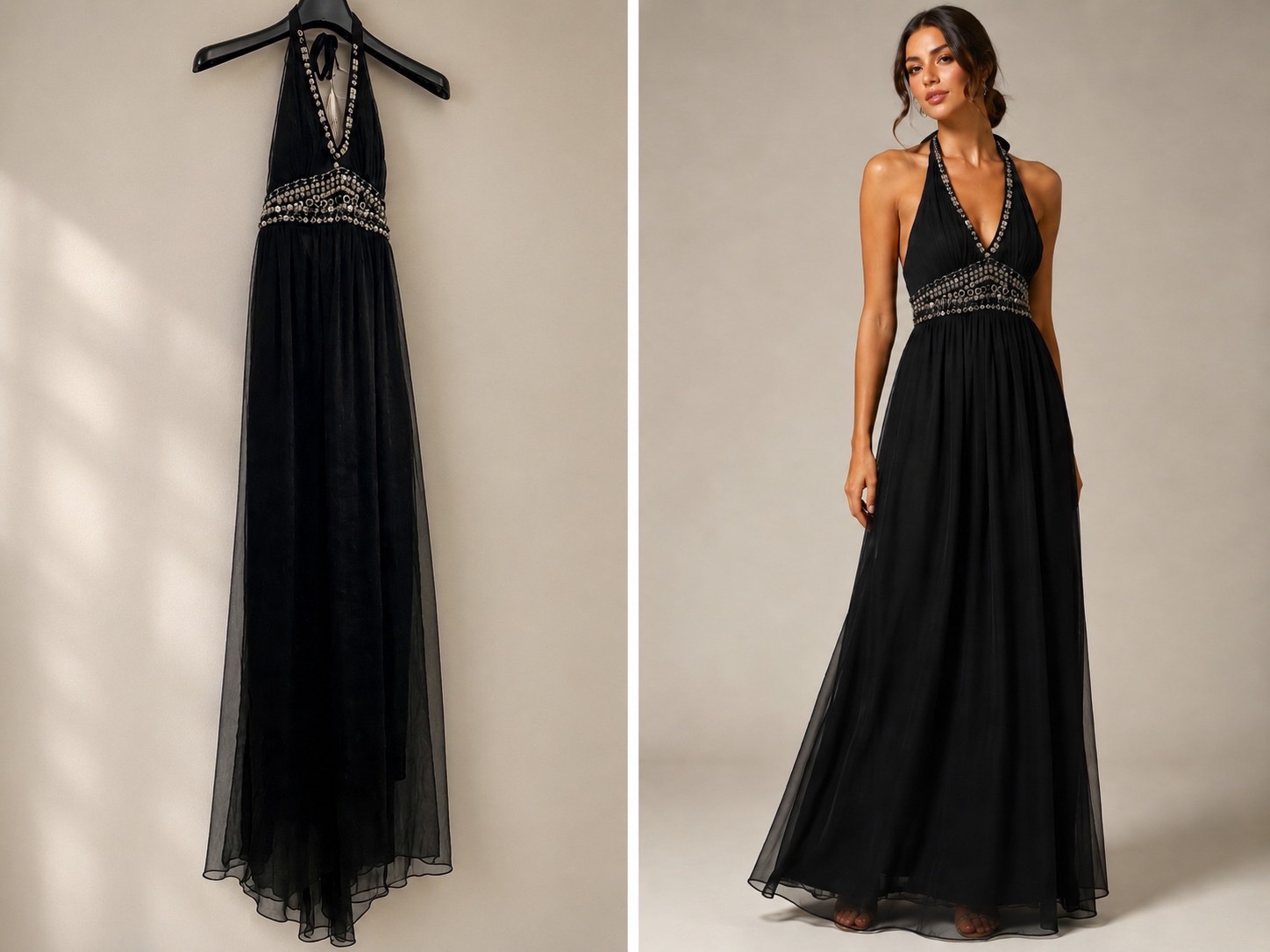 Robe longue noire dos nu avec détails bijoux 