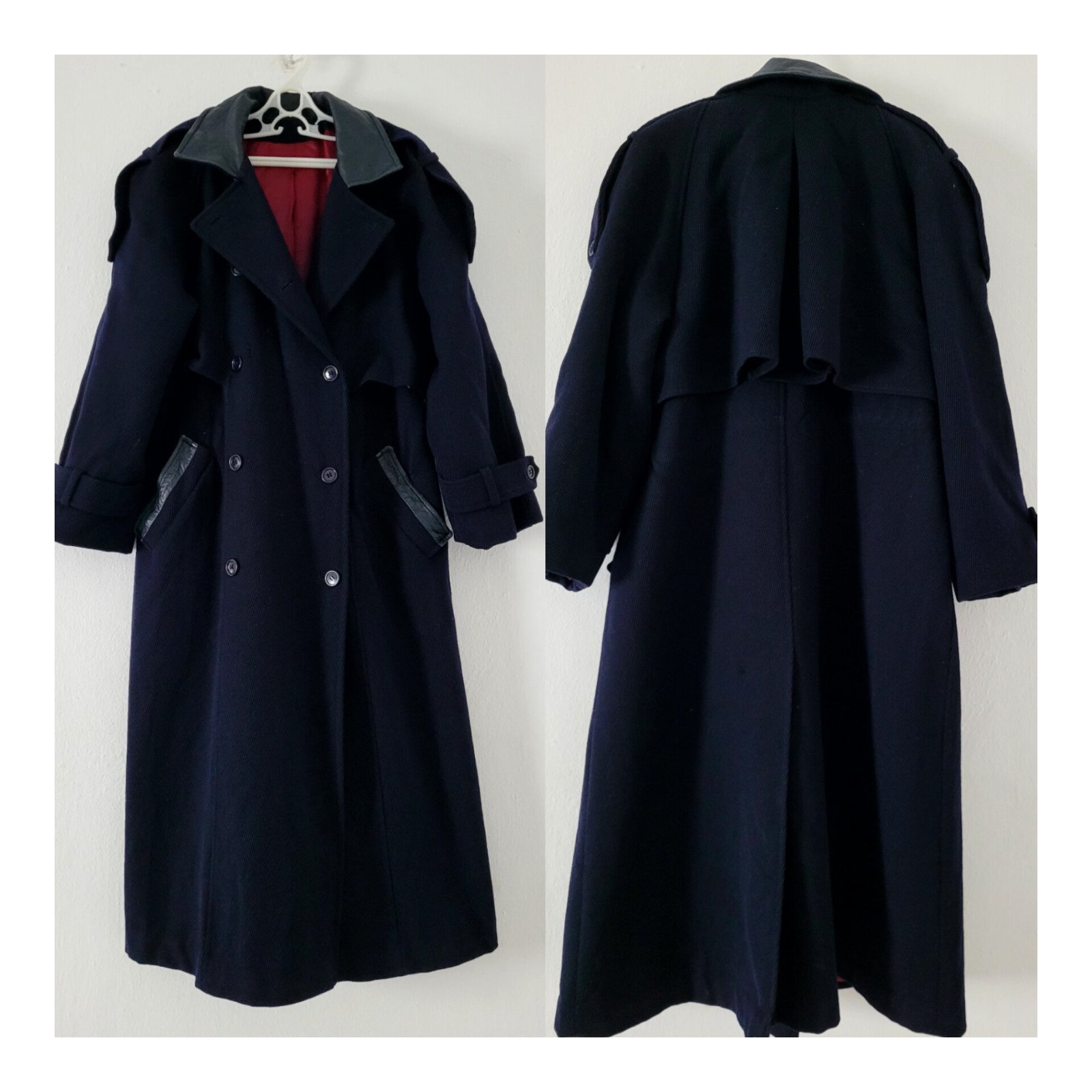 Manteau vintage en laine m- long bleu marine avec le détail du caul et les poches en véritable cuir