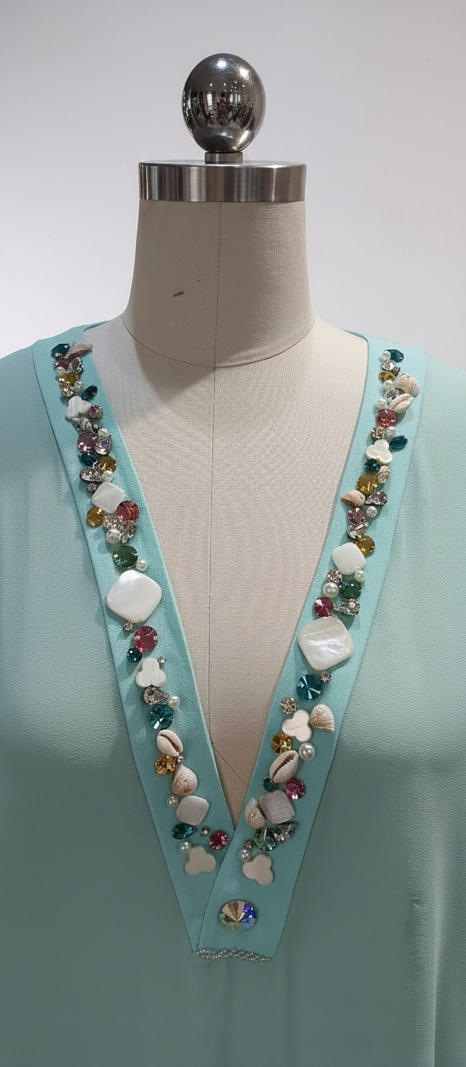 Liquidation - Robe de plage turquoise avec cristaux Swarovski et coquillages