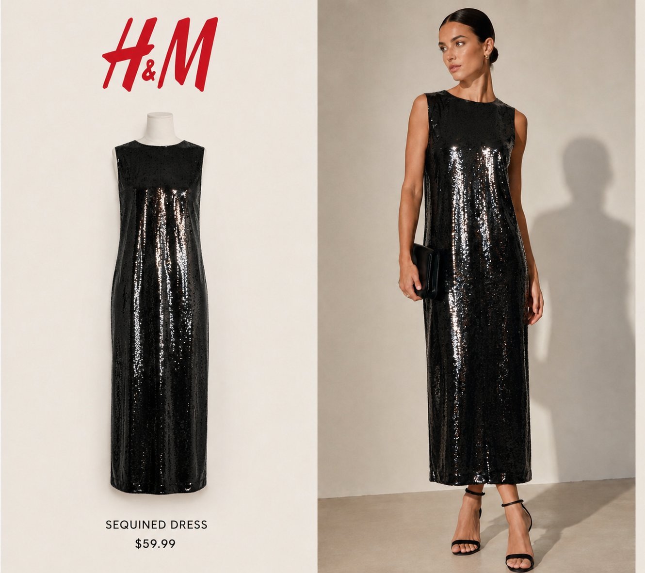 Robe mi-longue en mesh orné de Sequins Noir de la marque  H&M 