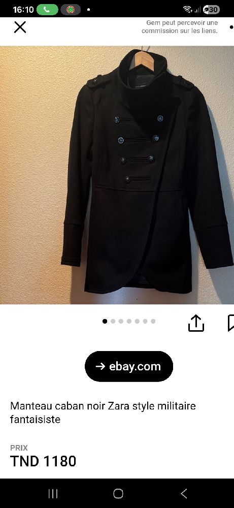 Manteau caban noir Zara 