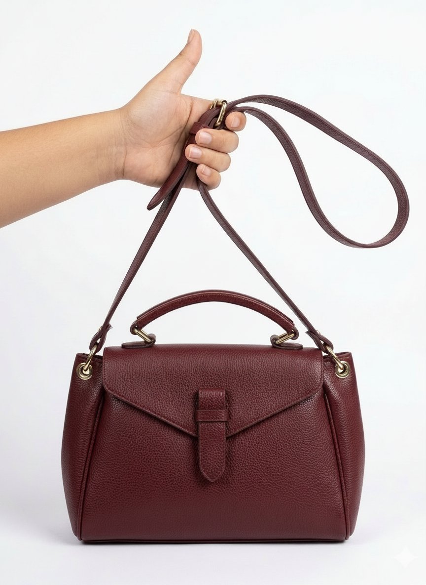 Sac à main bordeaux en cuir grainé avec bandoulière amovible