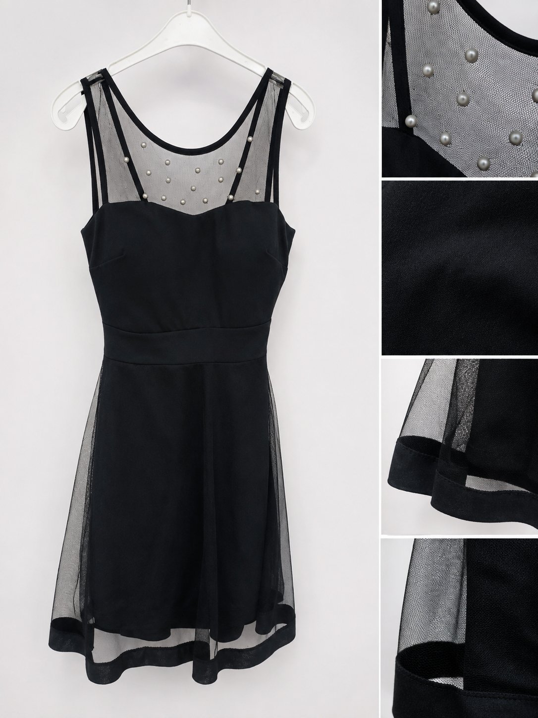 Robe soirée noire élégante avec détails en tulle et perles