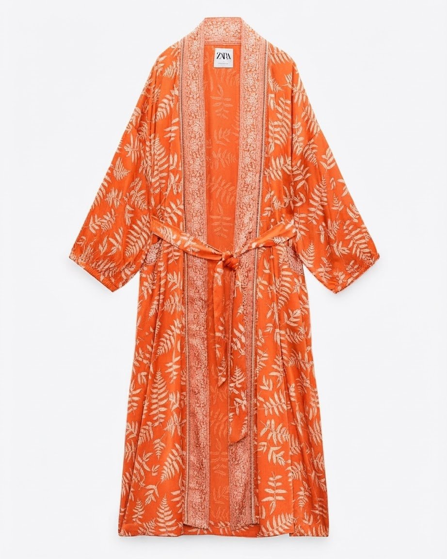 ZARA Kimono Long Boho Orange Imprimé Feuilles - Taille M/L - commeNeuf