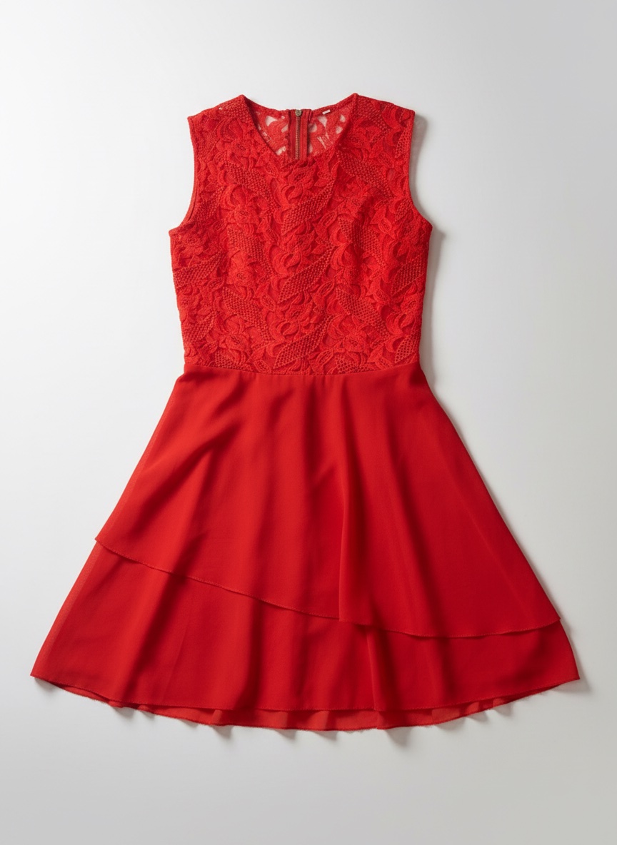Robe de soirée rouge vif en dentelle et mousseline – Coupe patineuse