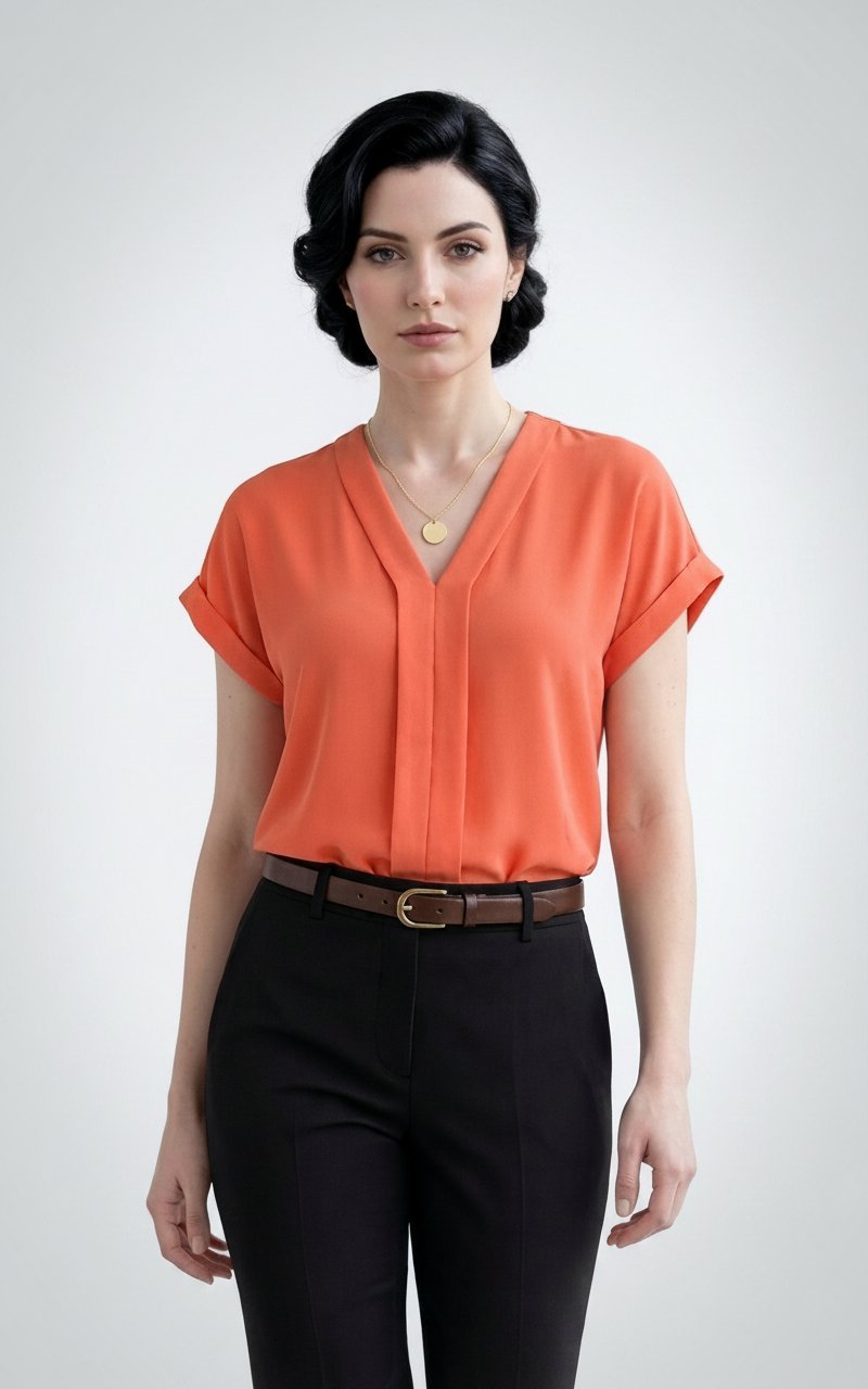 Blouse fluide corail Hamadi Abid (HA) – Col en V élégant